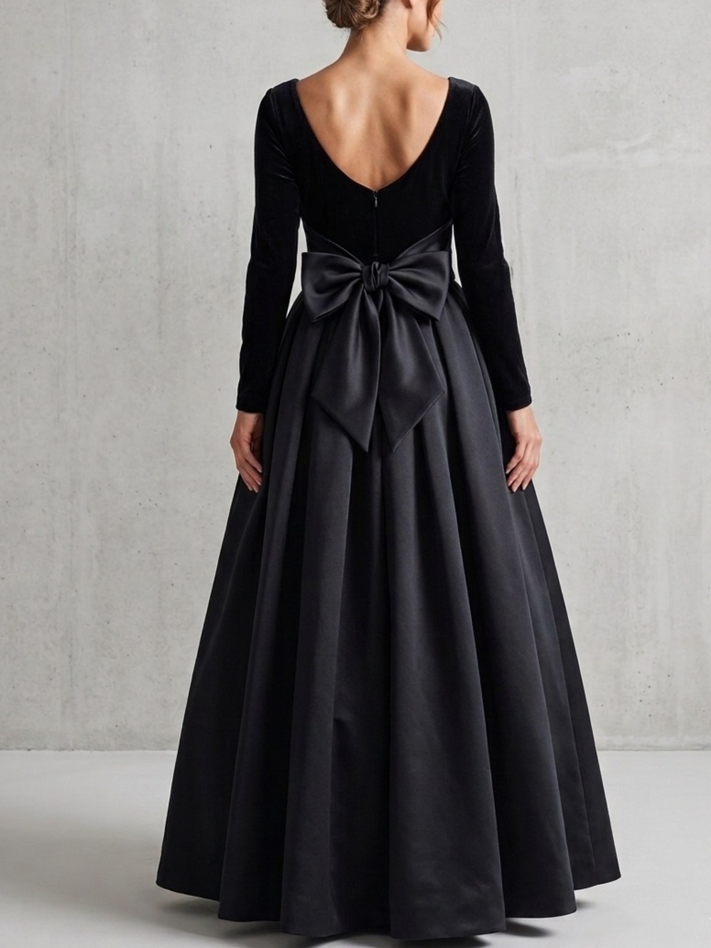 Vintage 80s En Francais Huey Waltzer Tie-sash Black Long Sleeve Evening Gown